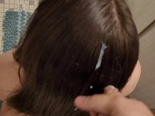 cumshot in hair fetish cum and brush through dry hair