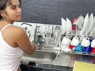 My stepmom fucks my small pussy round the kitchen while she washes the slab