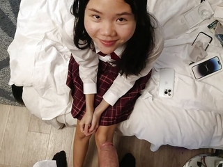 POV cute 18yo Japanese schoolgirl gets a huge facial after she sucks her stepdads dick to thank him for her new call up