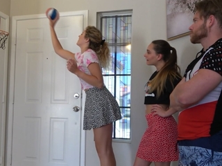 A stripe indoor basketball game with two hot girls added to 1 lucky clothes-horse