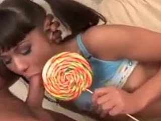 Pigtails teen licks lollipop and cock, name?